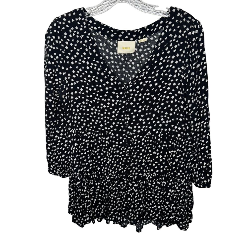 Maeve Anthropologie Black White Abstract Dot Tiered Peplum Blouse Top Size Small